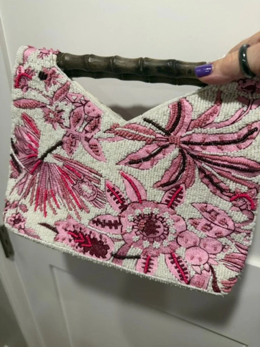 Pink Floral Hand-Beaded Top-Handle Bag with Bamboo Handle
